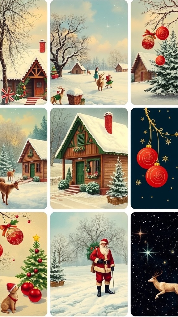 Vintage Christmas wallpaper designs showcasing holiday scenes for iPhone.